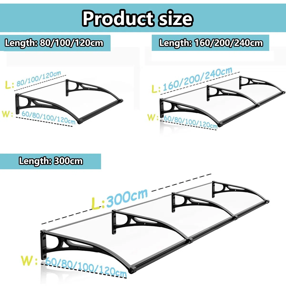 Toldo para Puerta de Entrada con sección Lateral, 60x120cm, Marquesina Transparente de policarbonato de 6 mm y Aluminio, marquesina de Puerta para protección Exterior contra la Lluvia