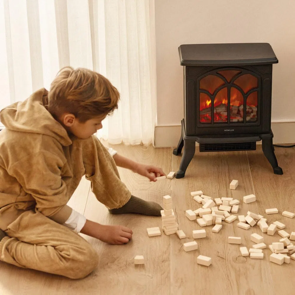 NEWLUX Chimenea Eléctrica Classic Flame, Calefactor Cerámico Termoventilador Llama Decorativa, Chimenea portátil, Termostato, 2 Niveles, Sensor Seguridad Sobrecalentamiento, 750/1500W, 355x465x250mm
