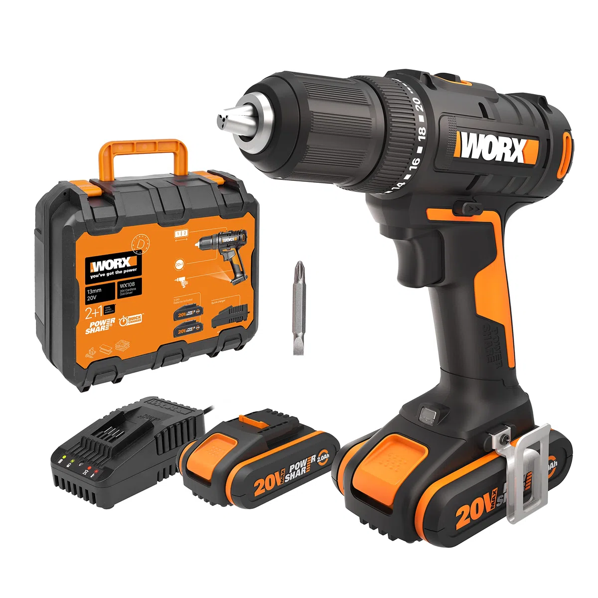 WORX WX108 Taladro Atornillador 20V 2Bat 45Nm | Taladro atornillador 20V PowerShare, 45Nm, portabrocas 13mm. 2 baterías 2Ah + cargador + maletín incluidos.