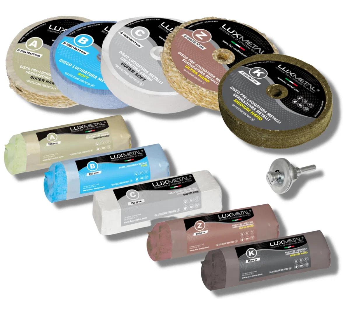 Lux Metal - Kit de Pulido 5 pastas de Pulido abrasivas 250 g 5 Discos de Pulido 100 mm en algodón muelas abrasivas para pulir Metales de Acero Inoxidable Pulido de Aluminio latón Cromo Fieltro Cobre