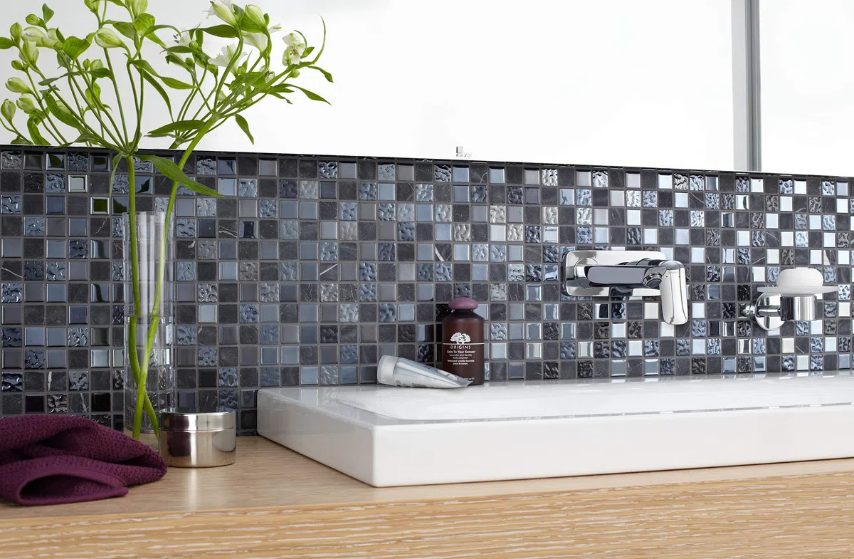 Azulejo de mosaico de cristal gris y negro, para pared, baño, ducha, cocina, tamaño de la alfombra: 327 x 302 = 0,10 m², tamaño de la piedra: 25 x 25 x 4 mm, 1 alfombrilla