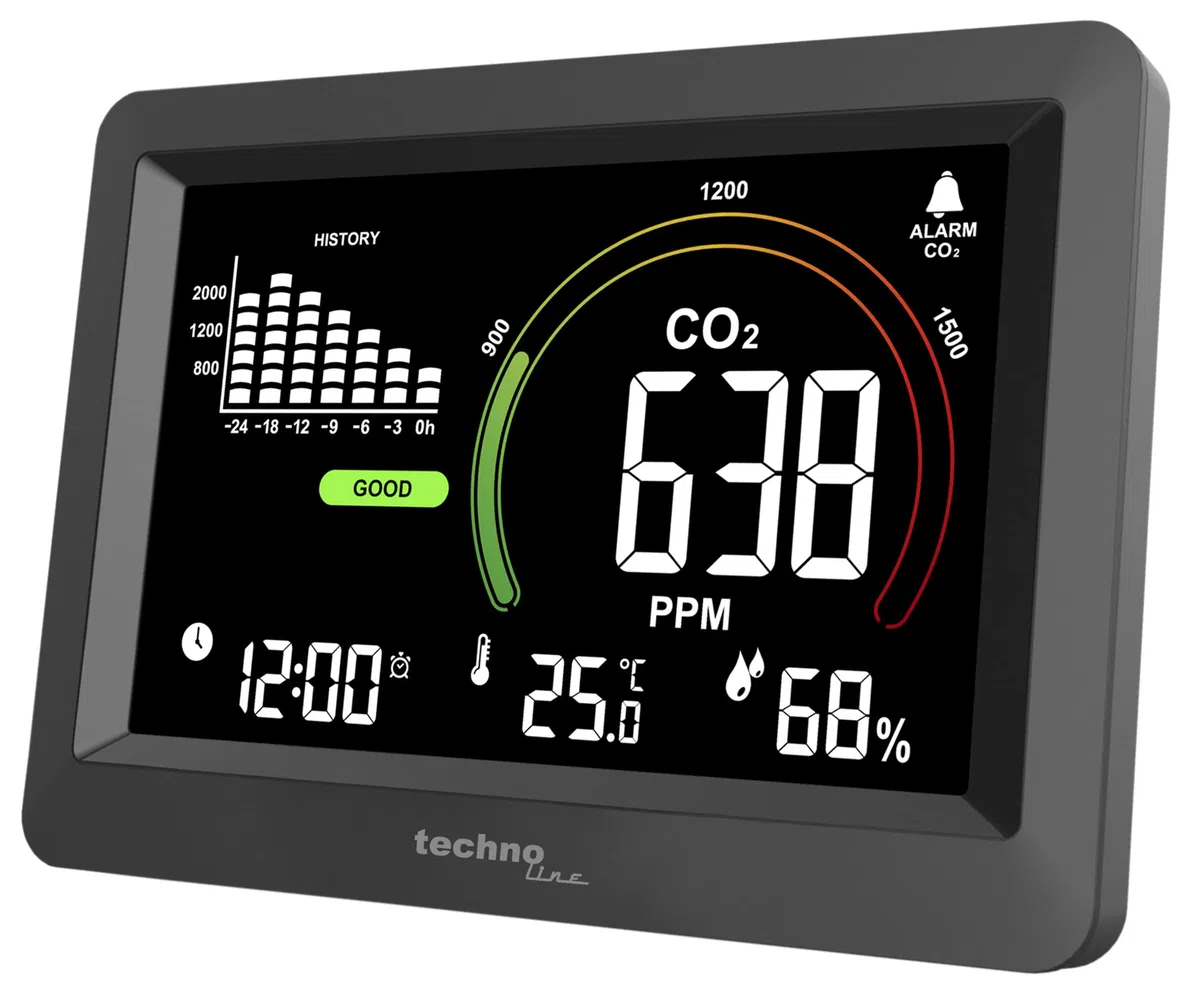 Technoline WL1028 Cuchillo Co2, monitoreo de Calidad del Aire Interior, recomendación de ventilación basada en la concentración de CO2 en el Aire, Alarma Ajustable, historial de CO2, para escuelas