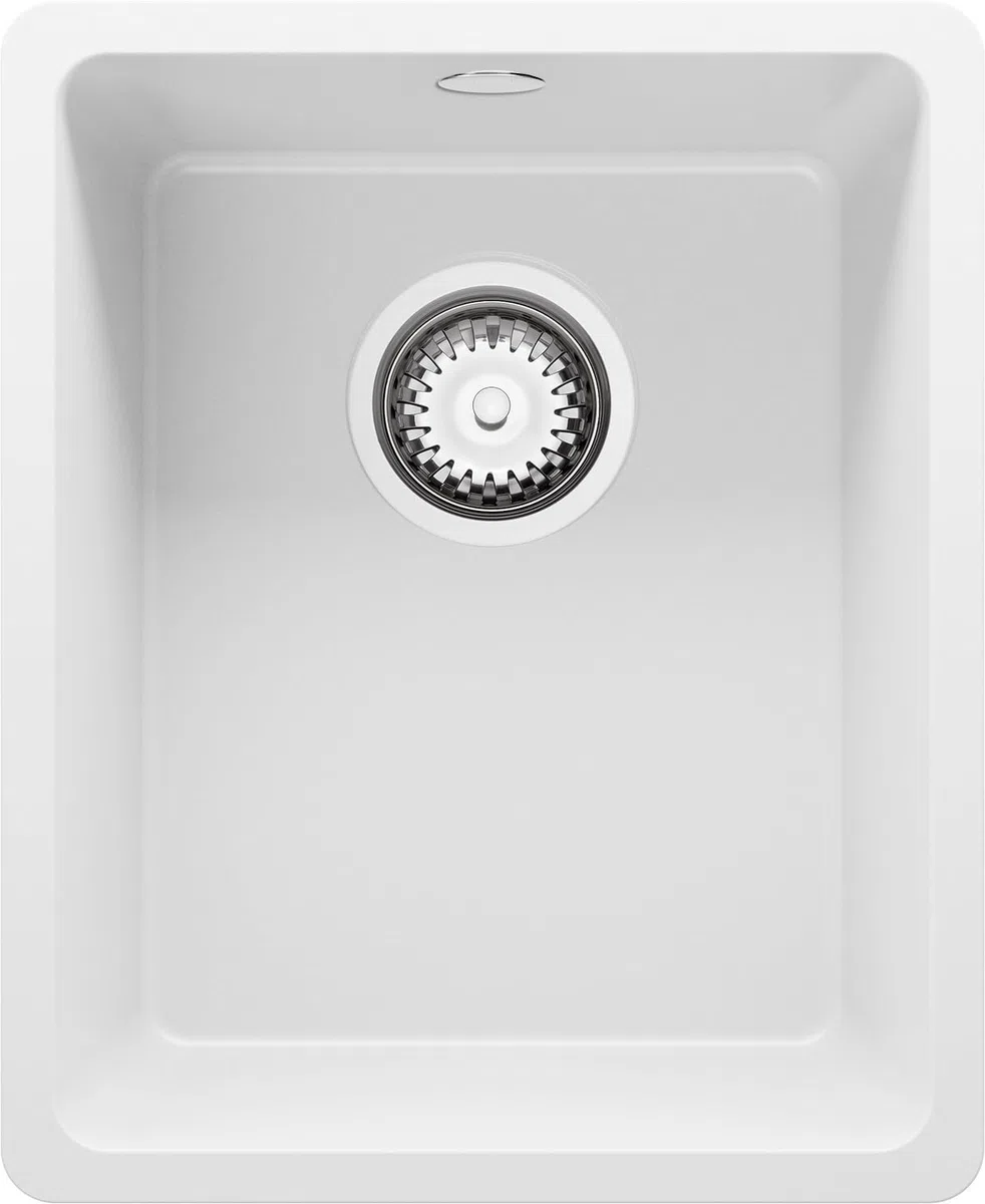 PRIMAGRAN Fregadero Cocina Blanco 36x44cm, Granito 1 Seno + Sifón, Sobre Encimera al Mueble 40cm - Venecia Easy Slim S002