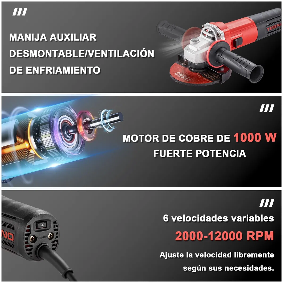 TEENO Amoladora Angular 125 MM 1000W 2000-12000 RPM Con 20 Accesorios, Radial Pequeña 125 mm, Amoladora Pequeña Para Cortar, Esmerilar y Pulir Metal, Madera, Cerámica y Piedra, Bolsa de Herramientas