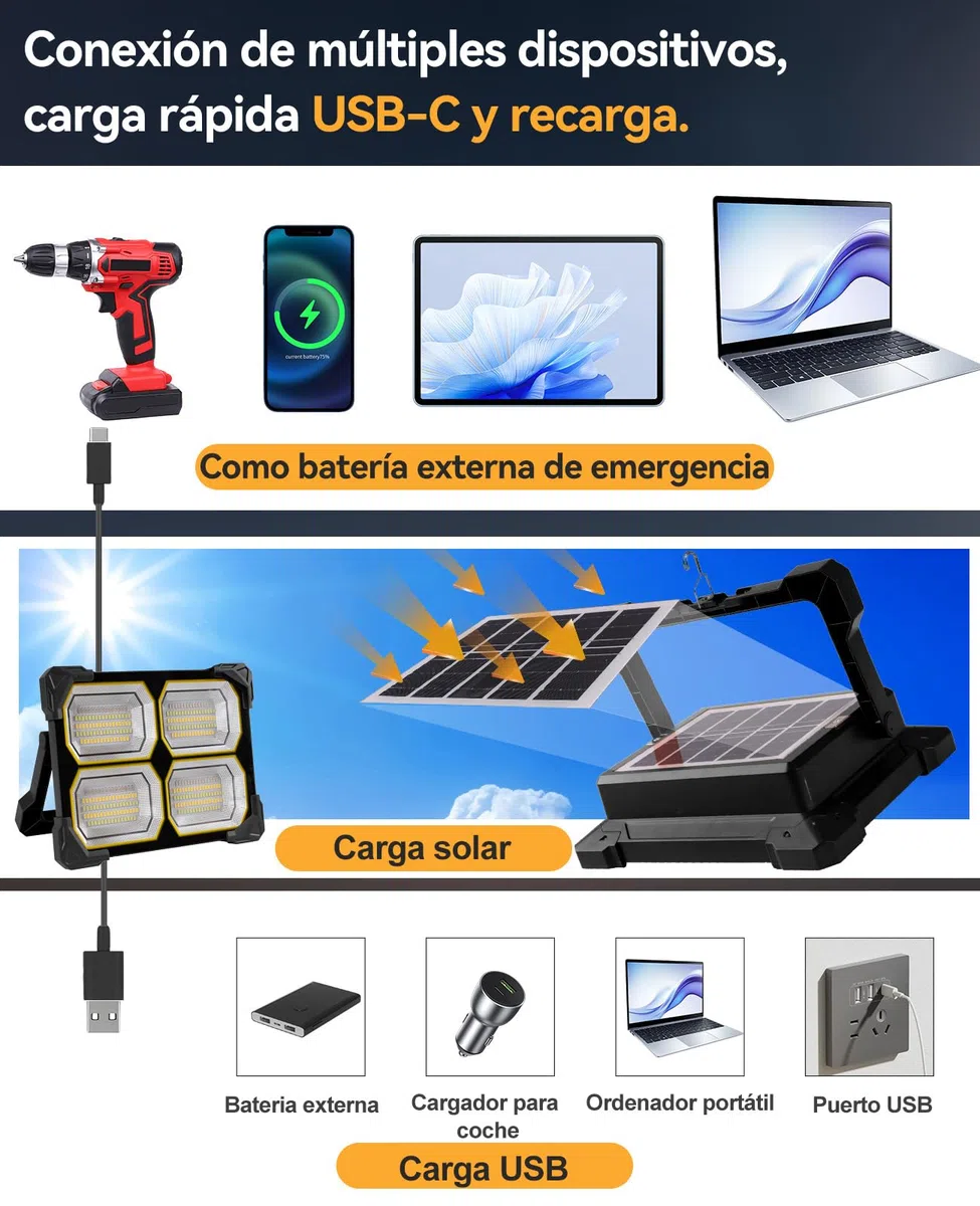 Foco Led Recargable 300W Linterna Solar Recargable 26000Ahm luz led recargable IP66 focos led exterior bombilla Recargable para Pesca,Construción,Garaje,Emergenc,Trabajo