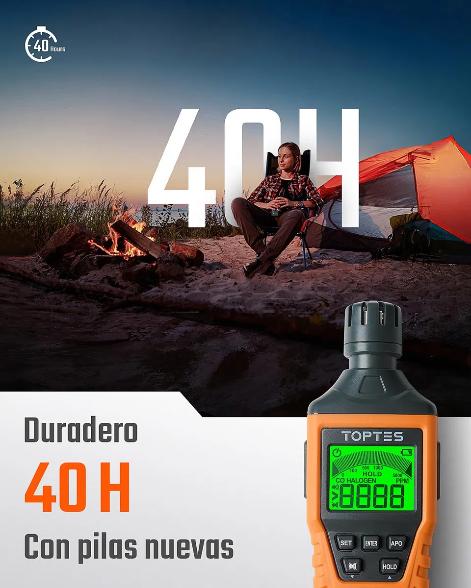 Detector de Monóxido de Carbono TopTes CT-300, Detector de CO con Alarma Visual y Sonora, 0-5000PPM, Alarma de CO, Pantalla LCD para Hogar, Coche, Camping y Viajes (Incluye 3 Pilas) - Naranja