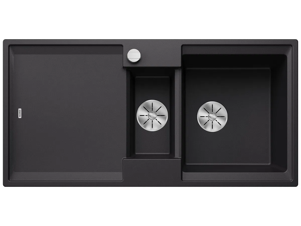 BLANCO ADIRA 6 S, SILGRANIT negro, tipo de montaje: instalación desde arriba, reversible, con mando a distancia, con accesorios, armario bajo de 60, lavabo grande, superficie fácil de limpiar