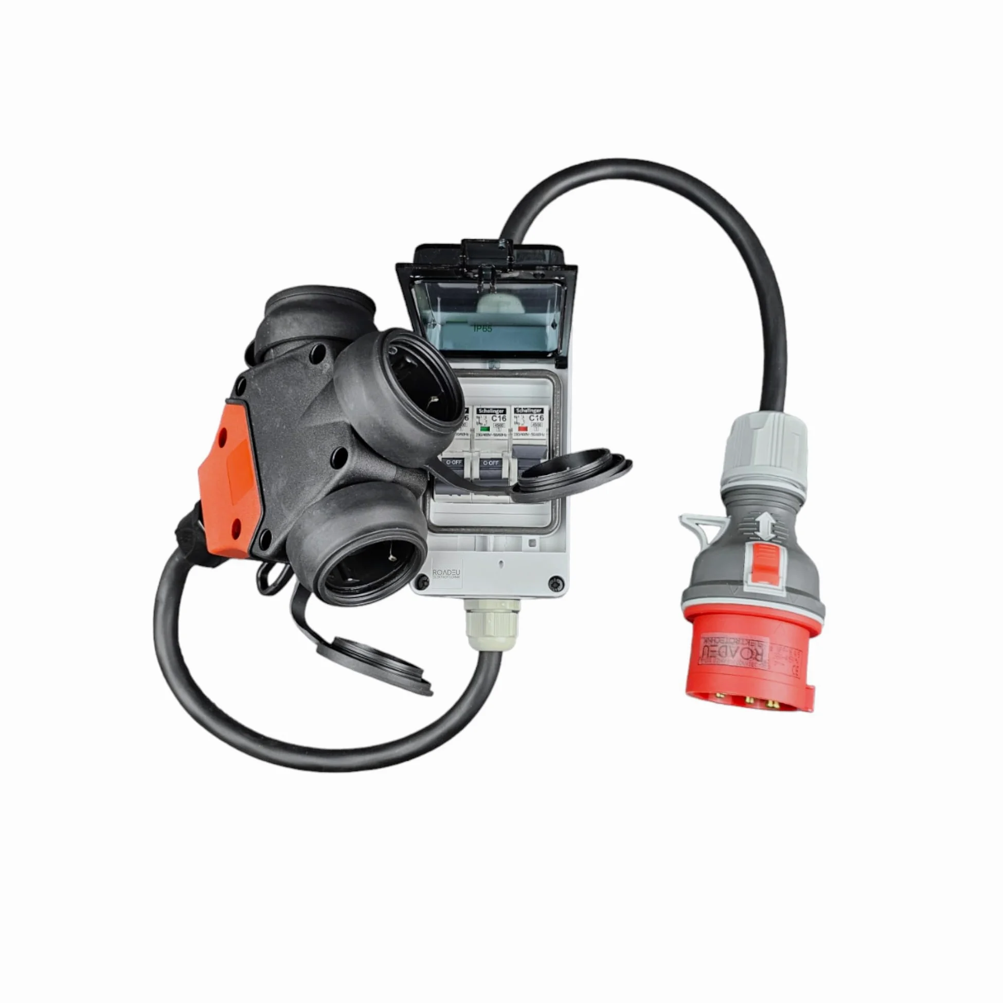 RoadEu - Adaptador de Corriente Fuerte - Conector CEE 32A - Adaptador de 380V a 220V, 3 Conectores Schuko de 220V, Caja de fusibles con 3 disyuntores de C16A