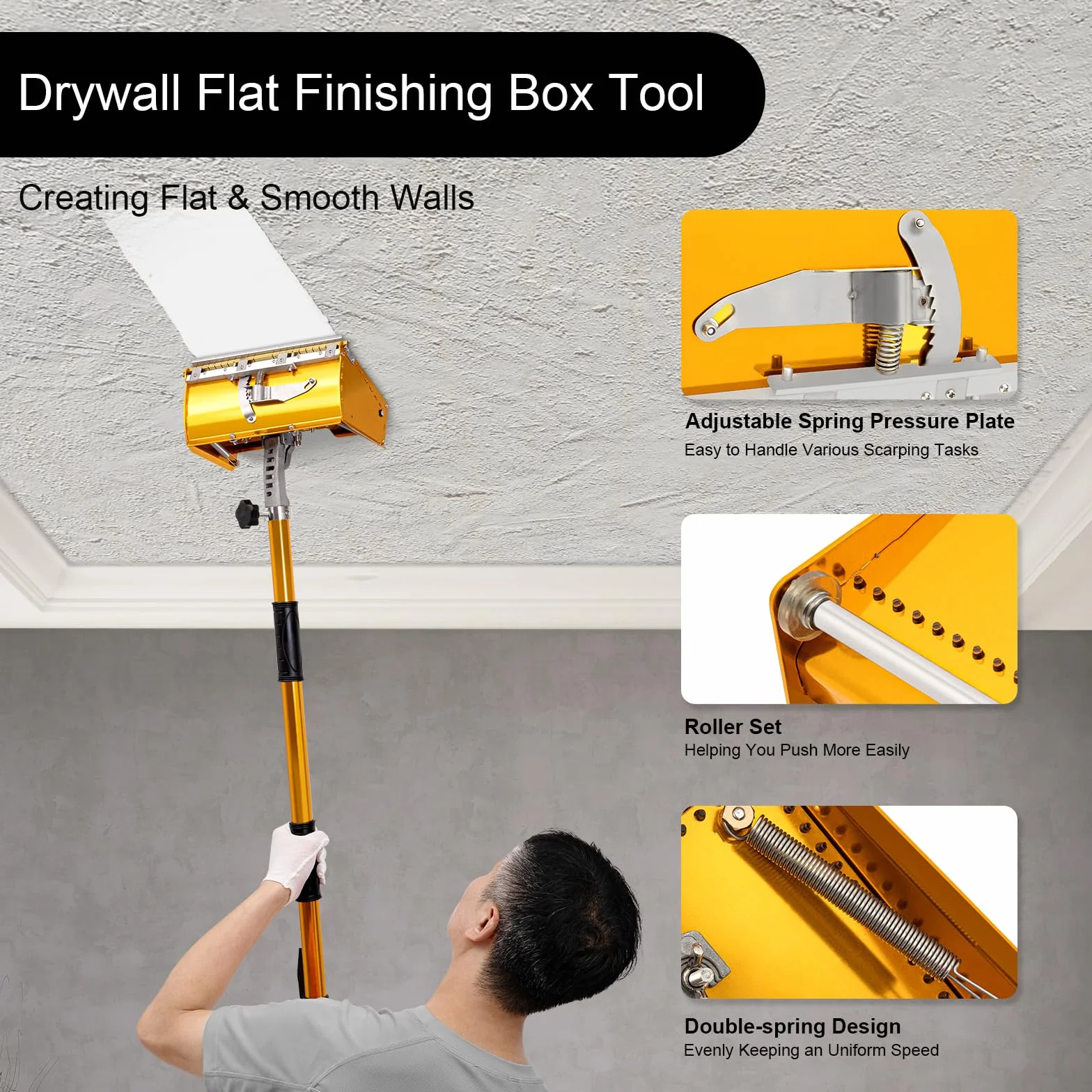 9.8 "Drywall Taping plana de acabado Set Paleta de Paneles de Yeso Drywall, paleta nivelación herramienta 40''- 63.8'' Herramientas de Acabado Plano con Mango Extensible
