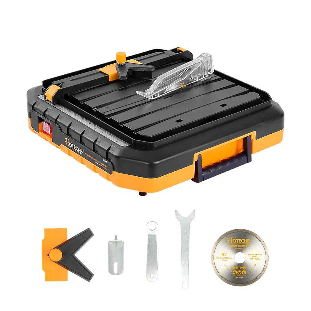 Hoteche Cortador de azulejos eléctrico de 500 W, con interruptor electromagnético, 5200 rpm, superficie de trabajo de 330 x 360 mm, profundidad de corte de 22,5 mm a 90 grados y 12,5 mm a 45 grados,