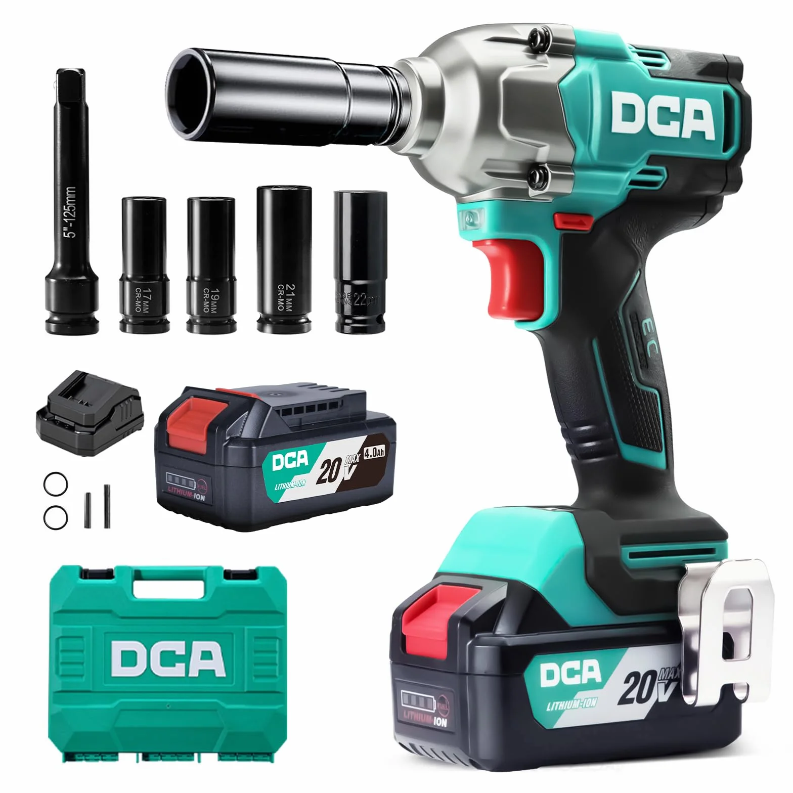 DCA Pistola de Impacto a Batería 20V, Llave de Impacto Motor Sin Escobillas 682 Nm Par Máximo, Encastre de 13 mm, 2 Baterías 4.0Ah, 4 Modos, Luz LED, Smart Loosen, ADPB520