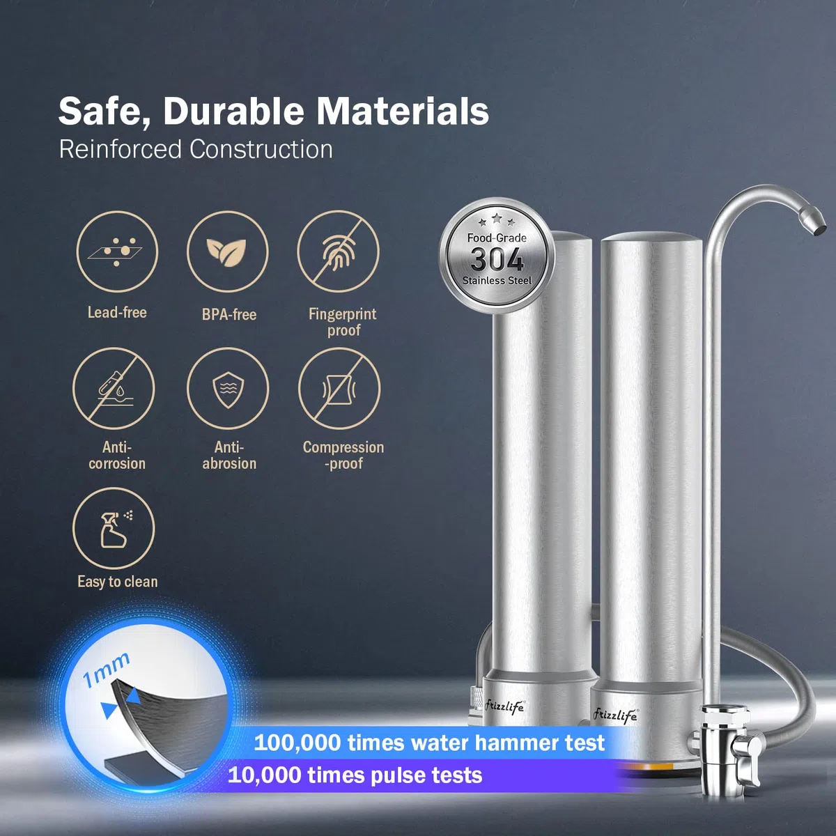 Frizzlife DS99-S Sistema de filtrado de agua para encimera, Filtración de agua de acero inoxidable en 8 etapas,0,5 micras Reduce en un 99% el plomo,el cloro,los metales pesados y la acumulación de cal