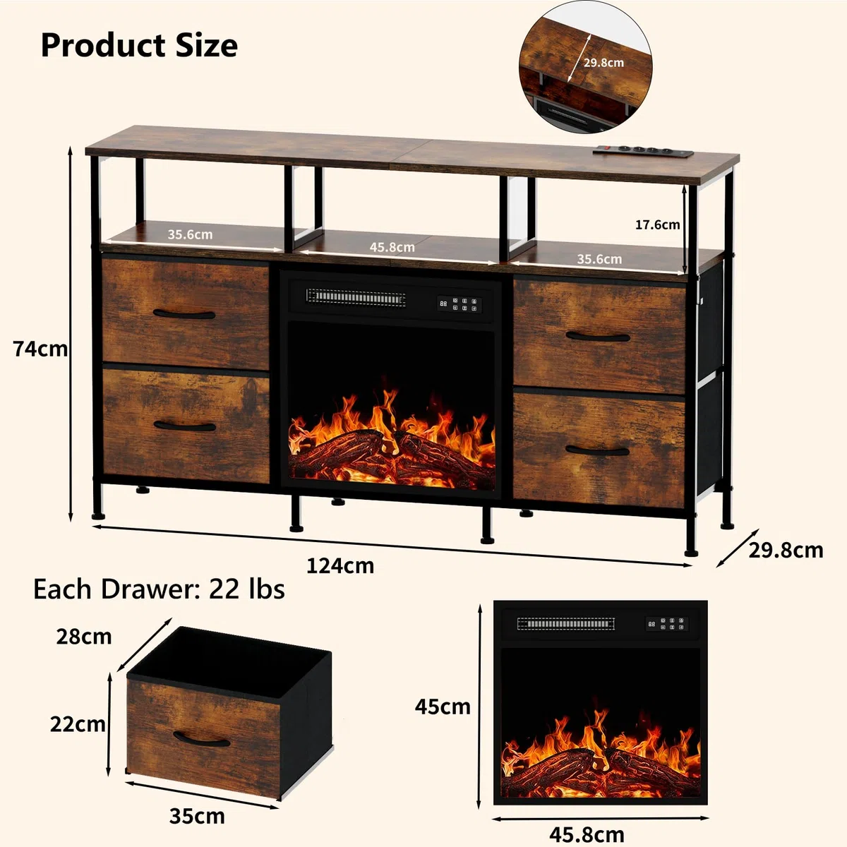 Waleaf Mueble para TV con Chimenea Eléctrica y 4 Cajones de Tela, 4 Enchufes, 2 USB, Tiras LED Multicolor, 124 x 29,8 x 74 cm, para Dormitorio y Salón
