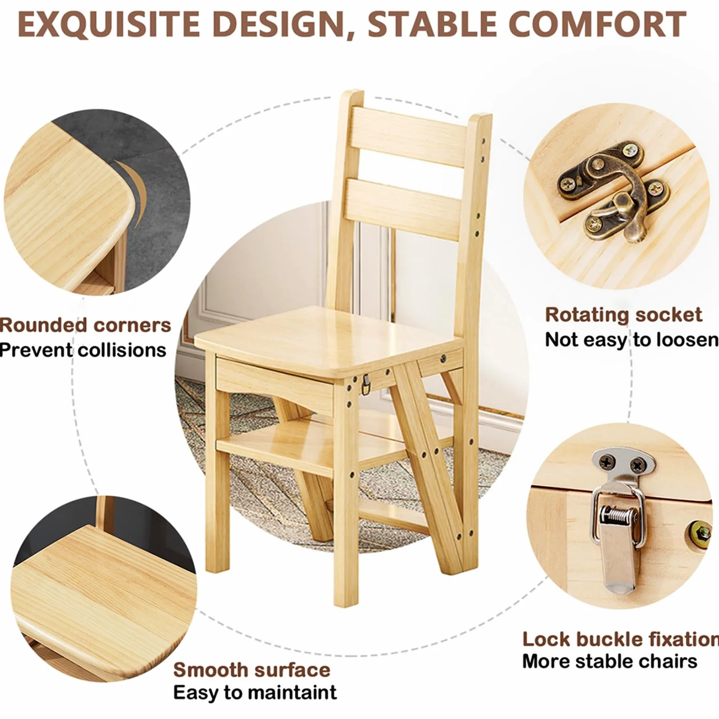 Silla Escalera Plegable 3 en 1 de Madera Sólida, Taburete Escalonado Convertible y Estante de Exhibición, Escalera Multifuncional de 4 Niveles, para el Hogar, Cocina, Biblioteca (Madera)