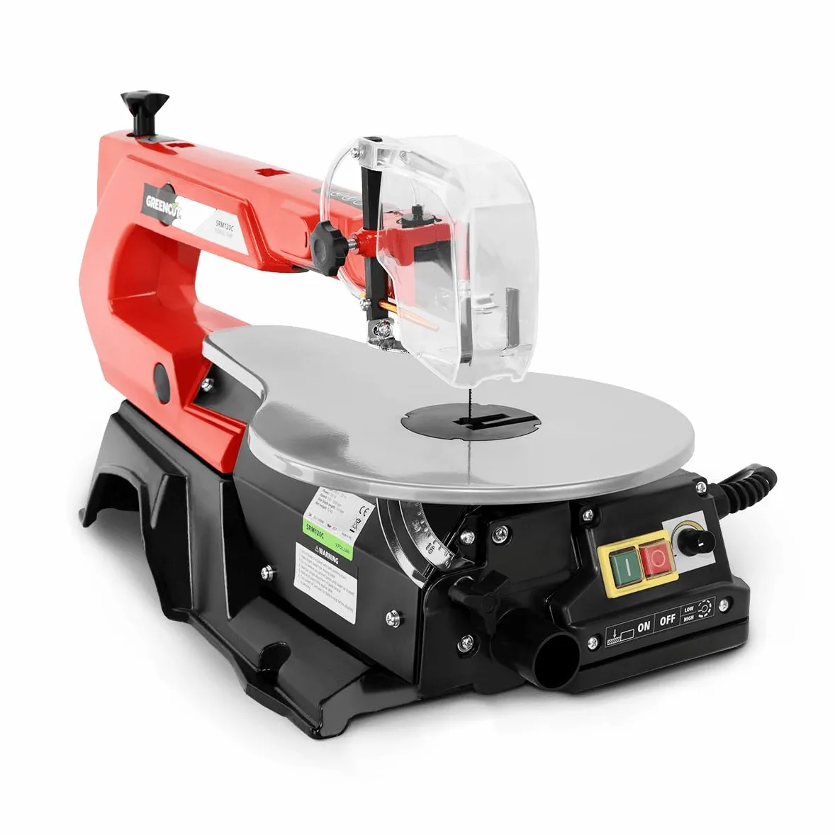 GREENCUT SRM120C - Sierra de marqueteria eléctrica de 120W y velocidad variable 400-1650rpm, longitud hoja 133mm, herramienta para taller y hogar, protector de hoja retráctil