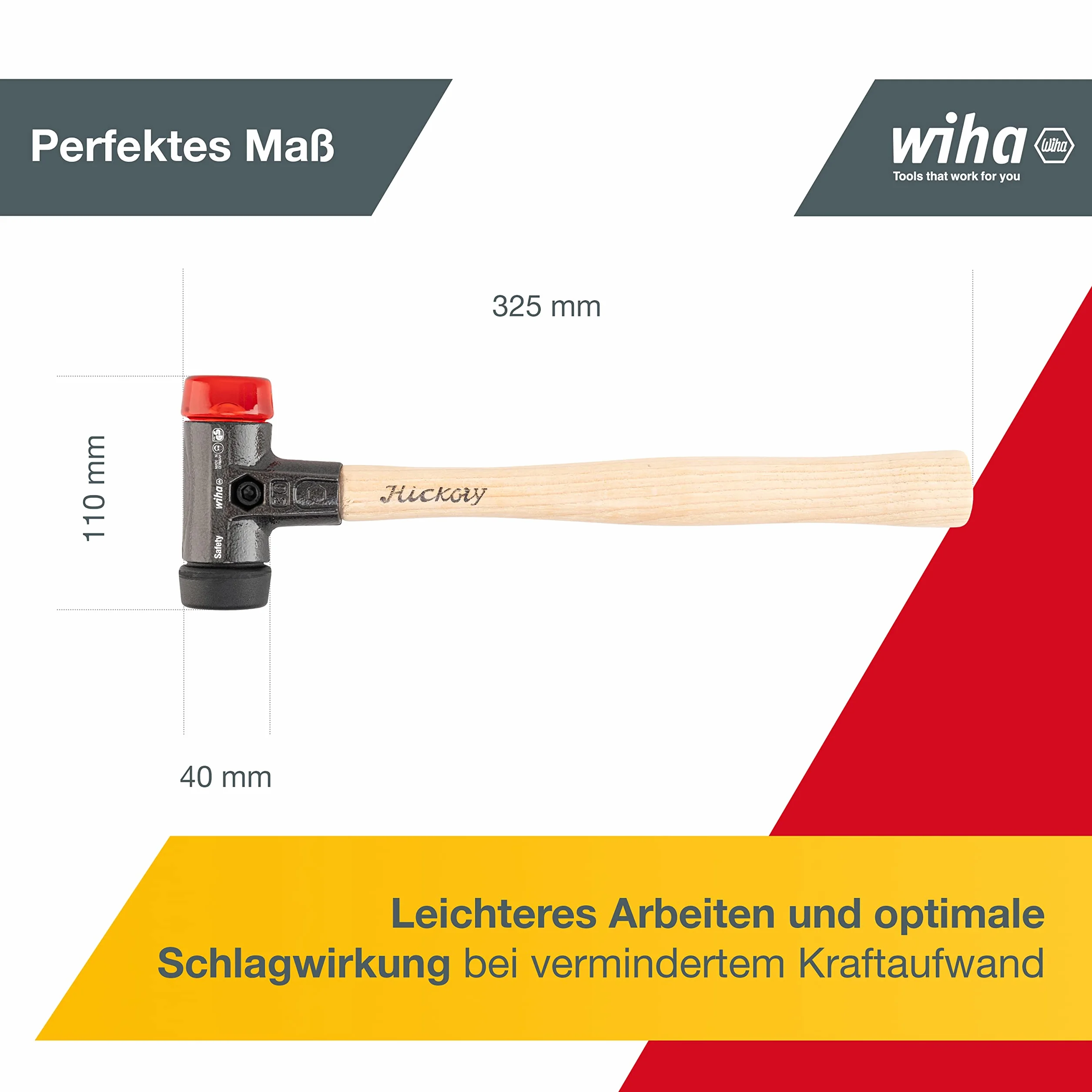 Wiha Martillo de cara blanda Safety de dureza media/duro con mango de madera Hickory, cabezal redondo 40, 325 mm (26612)