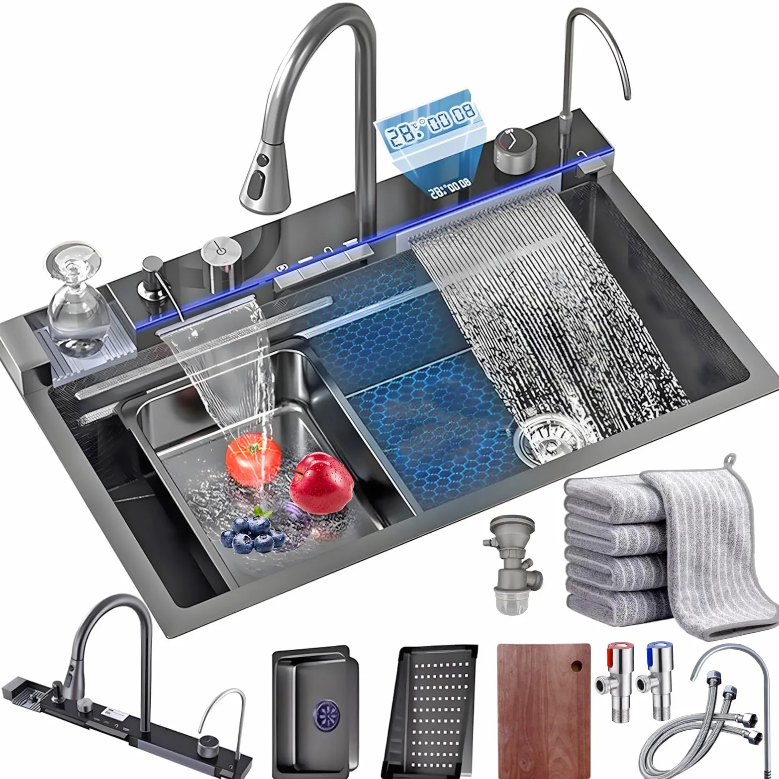Fregadero Multifuncional 1 Seno, Negro Encimera Cocina, Fregadero Inteligente con Cascada Nano Revestimiento con Grifo ExtraíBle,Dispensador De JabóN, Arandela de Taza (68x45x22cm)