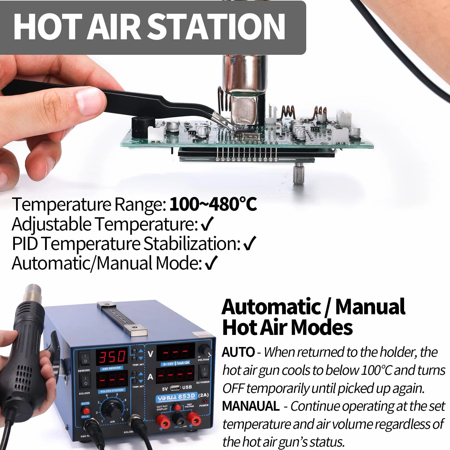 YIHUA 853D 2A USB Estación de soldadura y estación de soldadura de aire caliente alimentador 0-15VDC Estación 3 en 1 con puerto de carga USB5V voltímetro de 35VDC para reparación de teléfonos móviles