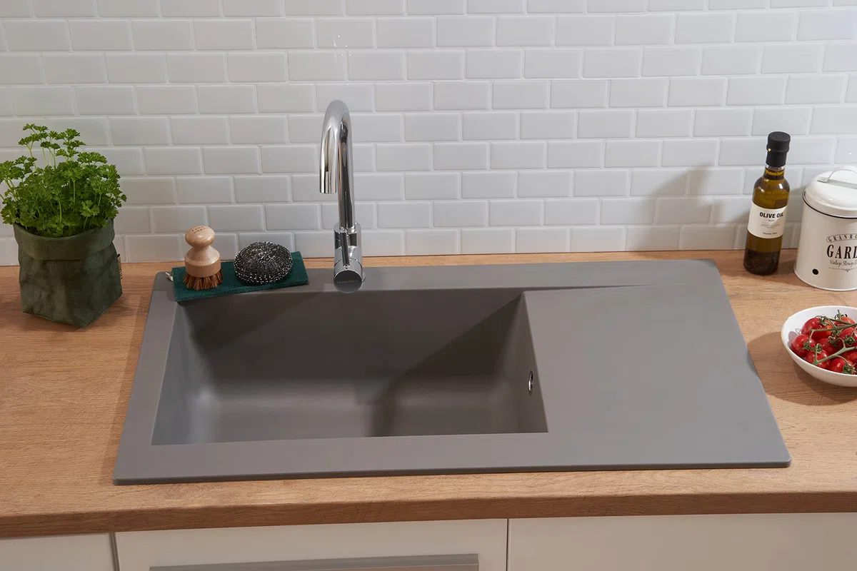 Respekta fregadero de cocina Denver de mineralita en gris cemento/Fregadero empotrable de 1 cubeta en 86 x 50 cm/Lavabo adecuado para armarios inferiores de 60 cm de ancho