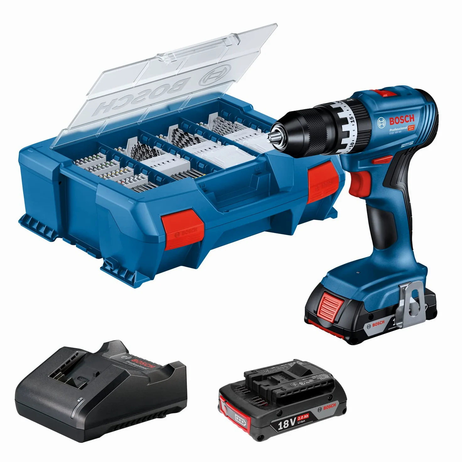 Bosch Professional 18V System taladro con percusión a batería GSB 18V-45 (velocidad de giro 1900 rpm, incl. 2 baterías 2.0Ah, GAL 18V-2082, set con 82 accesorios, L-Case Pick & Click)