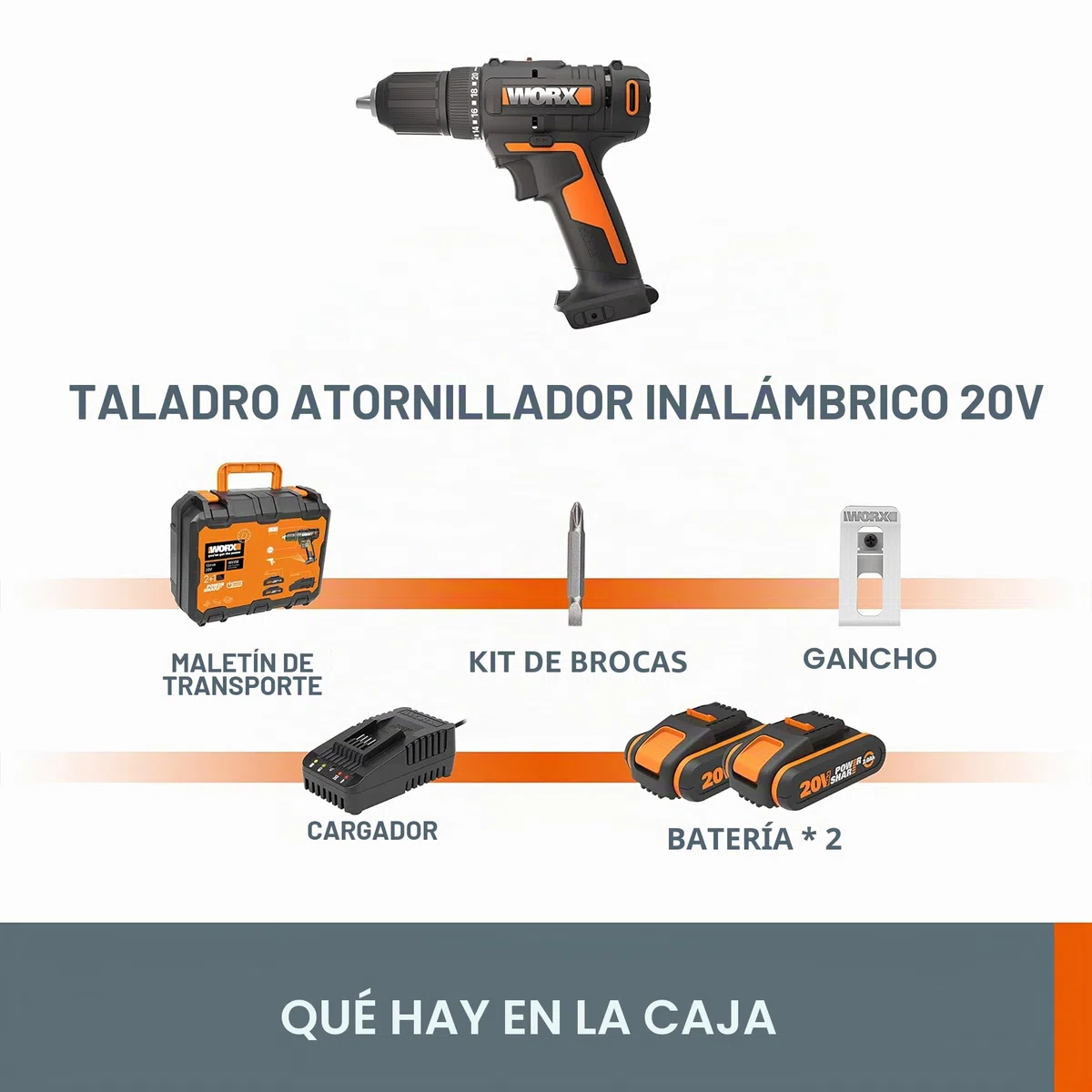 WORX WX108 Taladro Atornillador 20V 2Bat 45Nm | Taladro atornillador 20V PowerShare, 45Nm, portabrocas 13mm. 2 baterías 2Ah + cargador + maletín incluidos.