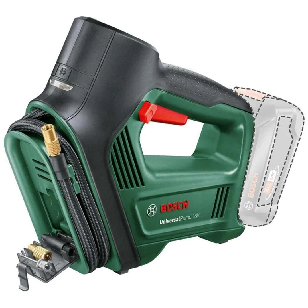 Bosch bomba de aire y compresor de aire eléctrico UniversalPump 18V (sin batería, sistema de 18 voltios, para neumáticos de coche, motocicleta y bicicleta, 150 PSI, 10,3 bar, en caja)
