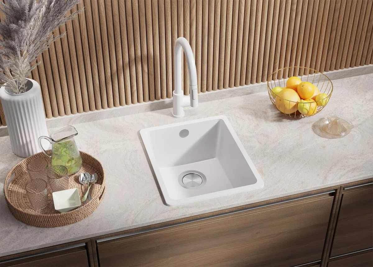 PRIMAGRAN Fregadero Cocina Blanco 36x44cm, Granito 1 Seno + Sifón, Sobre Encimera al Mueble 40cm - Venecia Easy Slim S002