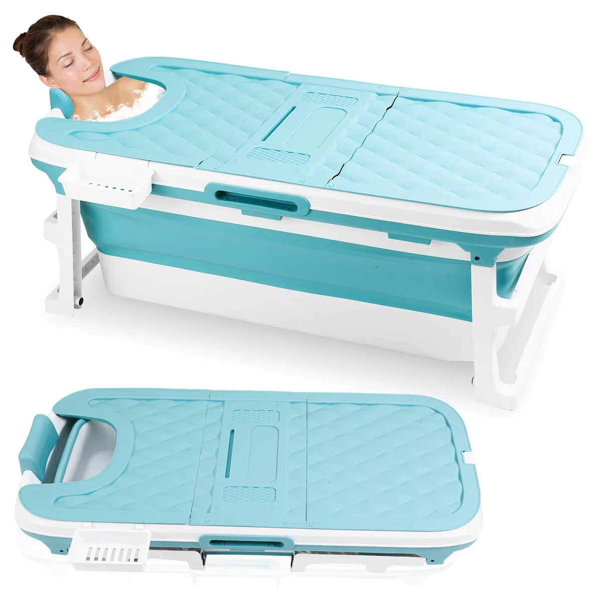 Ikodm Bañera plegable para adultos - XXL 149 x 60 x 50 cm - Bañera móvil plegable con tapa, rodillos de masaje y cesta - Para baño, ducha y balcón - Azul