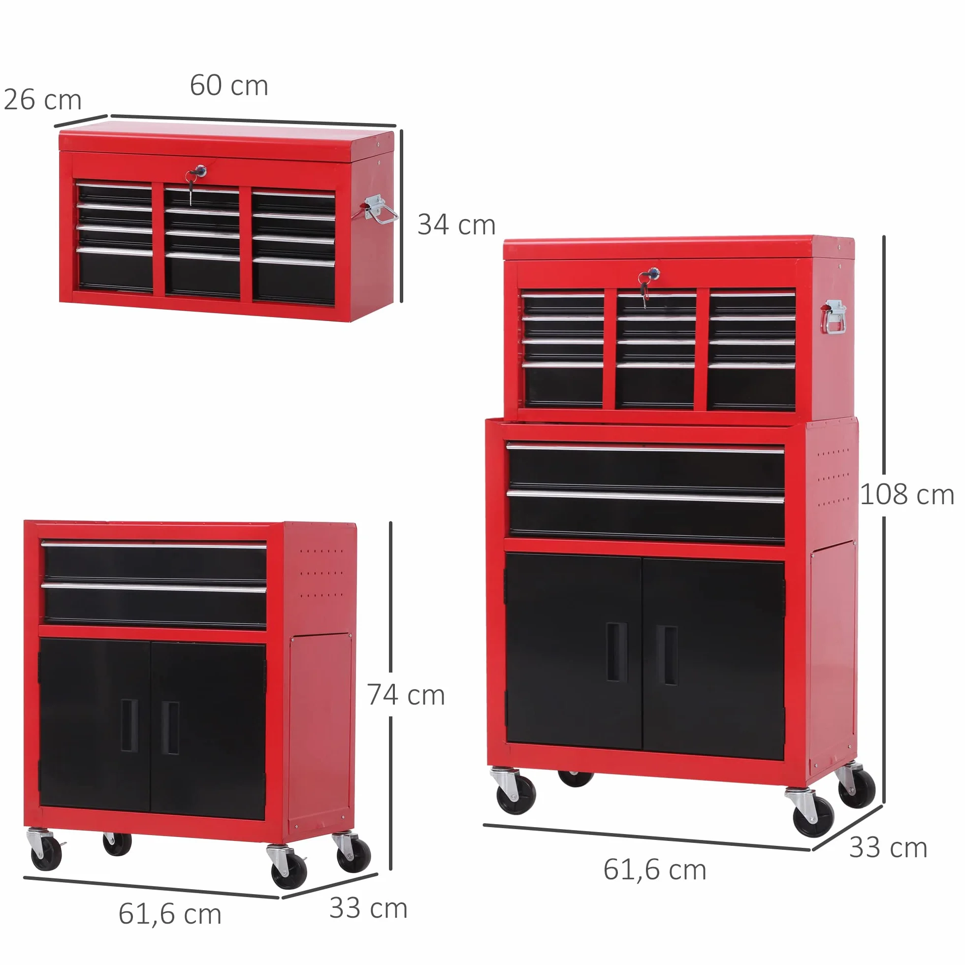 HOMCOM Carro de Herramientas con Baúl Superior, 2 en 1, Carro de Taller con 6 Cajones, Armario, Cerradura, 4 Ganchos, 2 Ruedas con Freno de Bloqueo, para Garaje, Hogar, Rojo