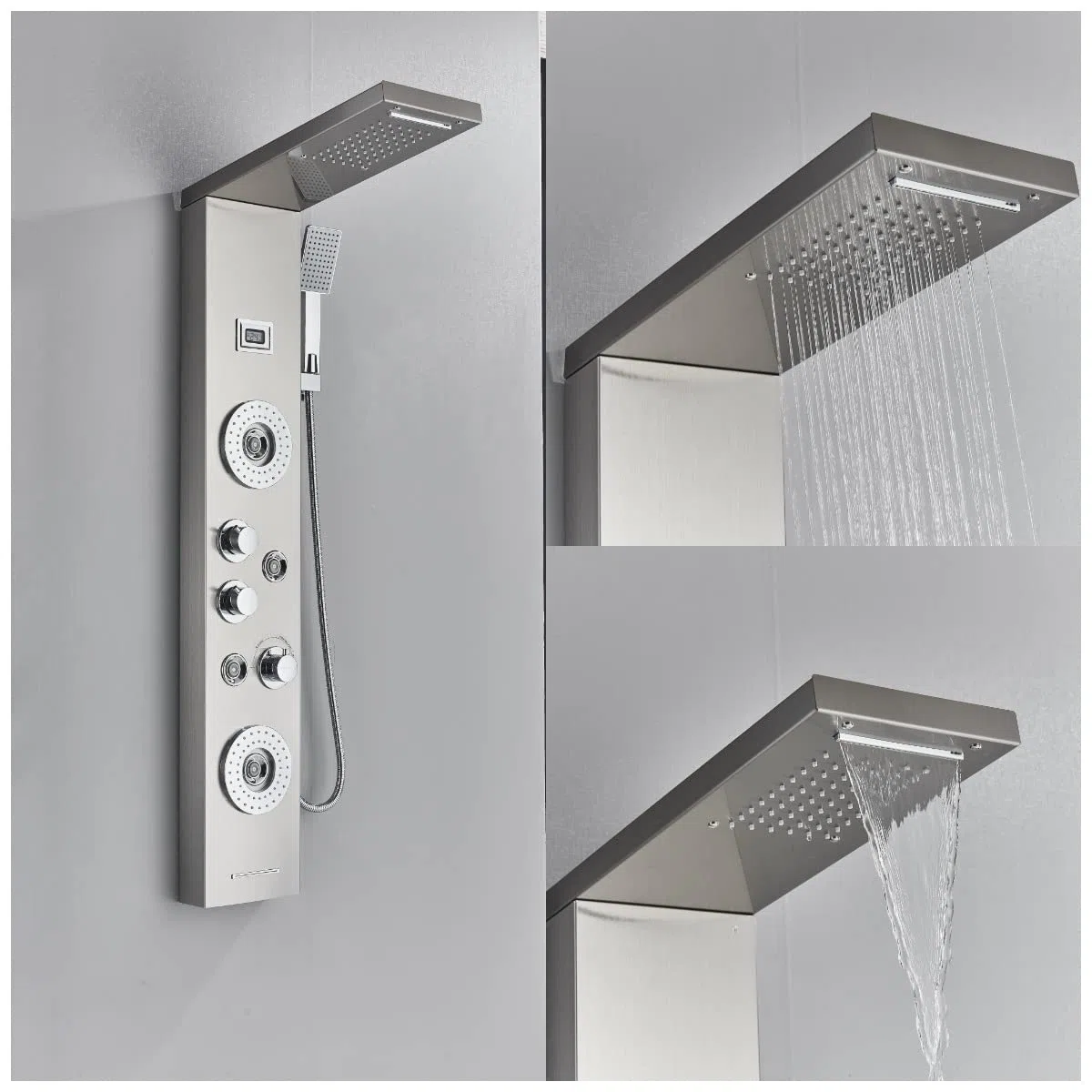 Columna de Ducha con Pantalla LCD, Sistema de Panel de Hidromasaje 3 en 1, Cabezal de Lluvia Grande, Masaje Corporal, Acero Inoxidable Cepillado