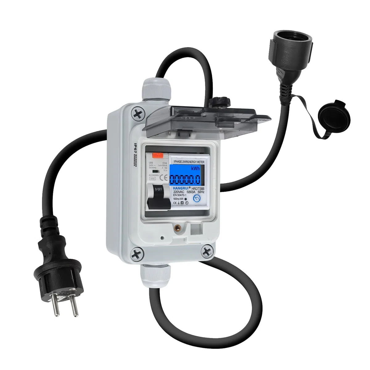 Contador de Electricidad Digital Móvil 230V 60A Medidor Digital Portátil, Contador de Consumo Eléctrico de KWH con Interruptor Automático tipo A 16A enchufe Schuko IP65 para Autocaravanas Vehículos