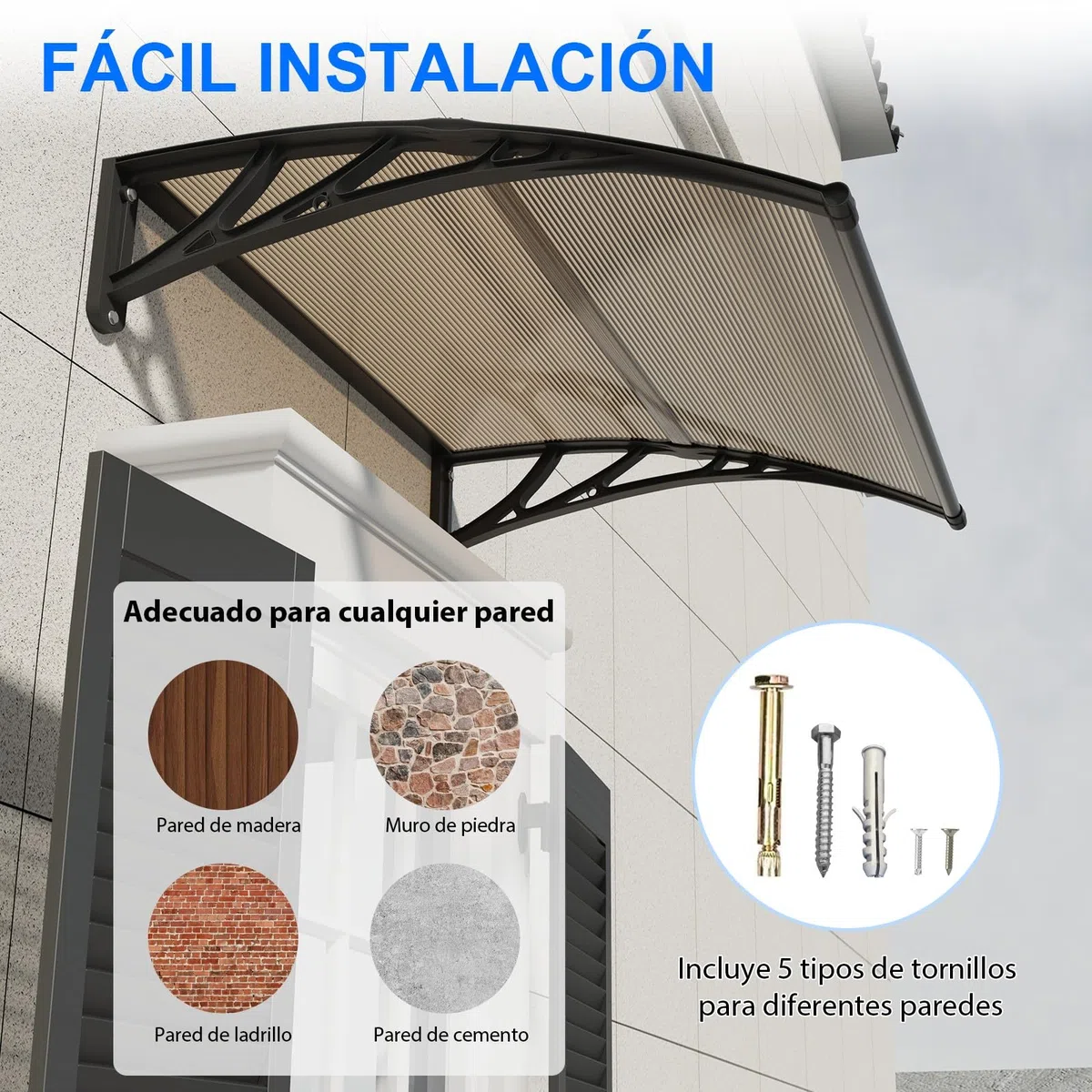 Marquesina para Puerta Exterior 150x80 CM, Tejadillo de Protección contra Lluvia y Rayos UV, Cubierta de Policarbonato para Puertas, Ventanas, Porches, Patios y Terrazas