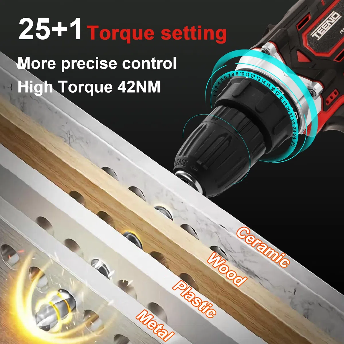 TEENO Taladro Atornillador Inalámbrico para Batería Makita de 21V 2 * 2,0 Ah Baterías,con Cepillo Antióxido de Metal, 45 Nm,25+1 Configuraciones de Par, 2 Velocidades, LED, 31 Accesorios y Maletín