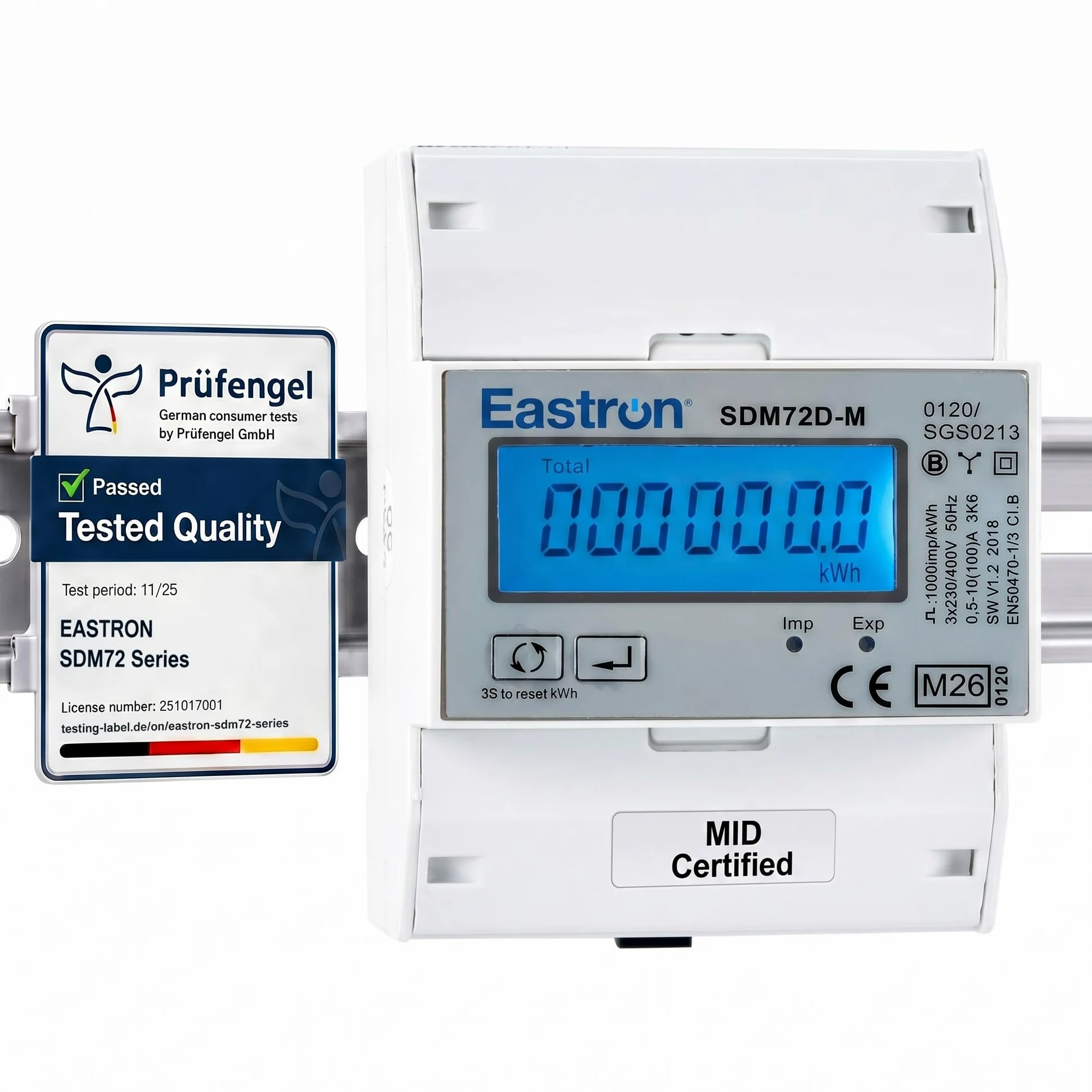Eastron SDM72D-M V2 Medidor de energía eléctrica Modbus trifásico 100 Amp kWh Medidor de energía de riel DIN con pulso. Pantalla LCD retroiluminada digital. MID/Calibrado