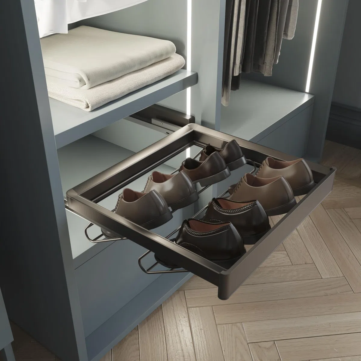 Emuca - Kit de cajón zapatero y bastidor regulable Quartz para armarios, guías de cierre suave y extracción total, Módulo 90cm, Acabado Titanio