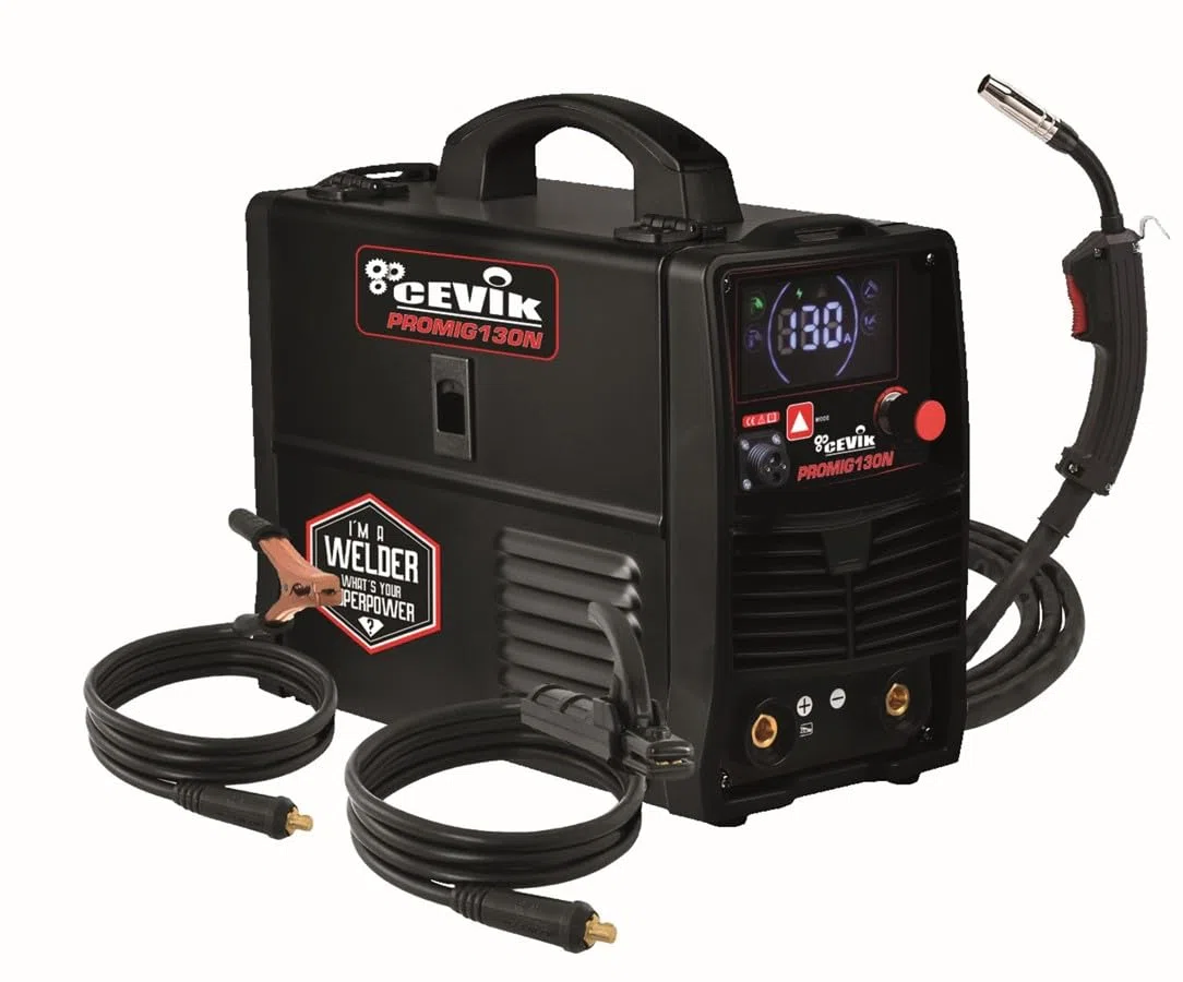 CEVIK PRO CE-PROMIG130N - Soldador Inverter FLUX/MIG/TIG/MMA - 130A 40% - 230V - Hilo hasta 1mm - Electrodos 2.5mm - LCD - Incluye Antorcha MIG, pinza portaelectrodo, pinza masa, careta, cepillo