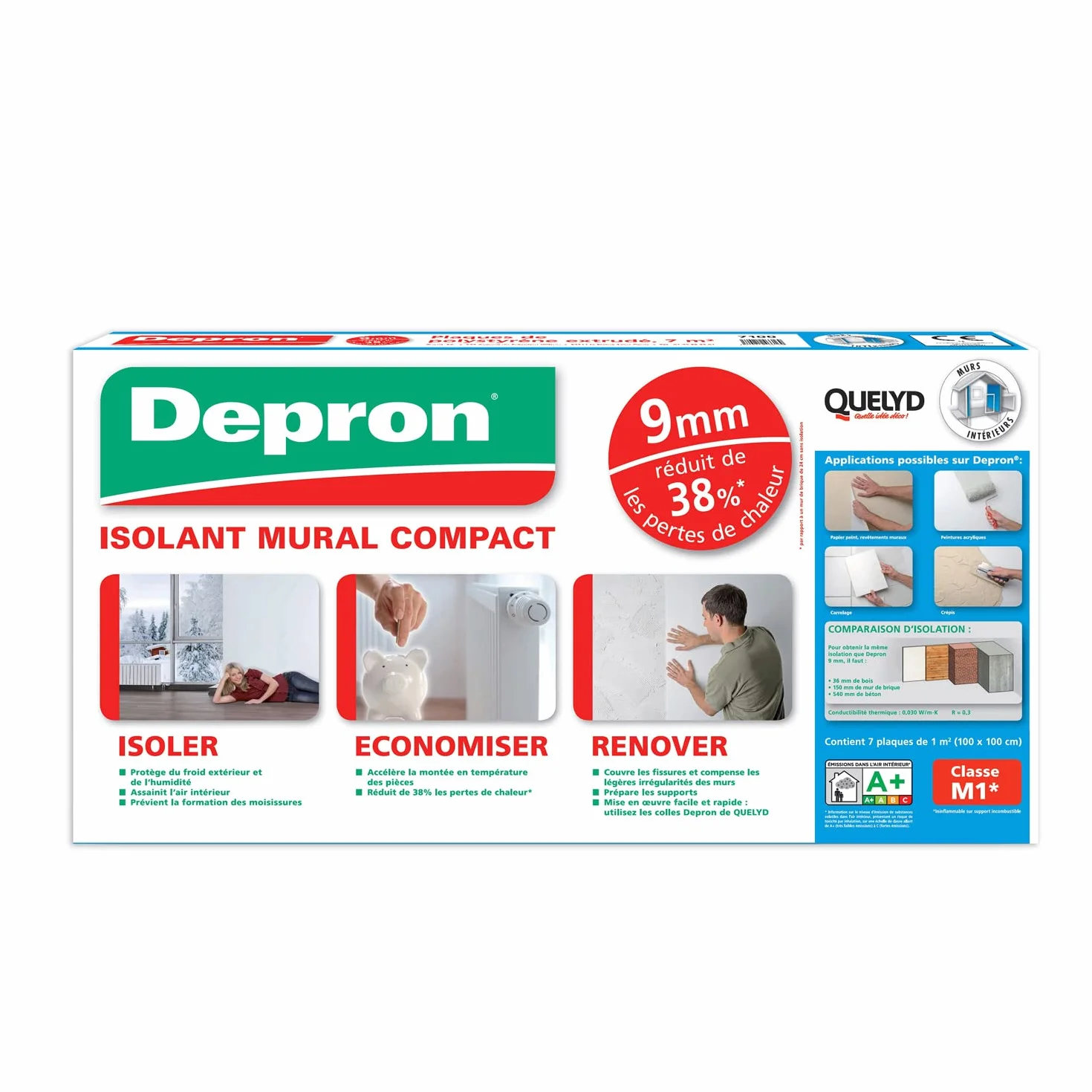 Quelyd Placas DEPRON Formato G9 - Grosor 9 mm - Placa aislante térmico - Aislante paredes interiores - Color: Blanco - 7 Placas de 1 m² (100 x 100 cm)