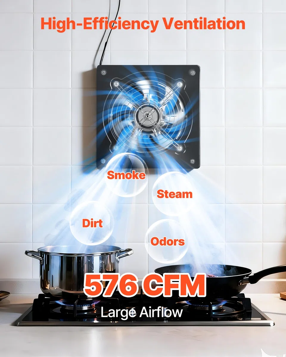 VEVOR Ventilador Extractor de 48 W 980 m³/h, Extractor de Aire de 203 mm, con Control de Velocidad y Válvula Antirretorno, Montaje para Pared, Ventilación para Cocina Baño Garaje Sótano Ático Taller