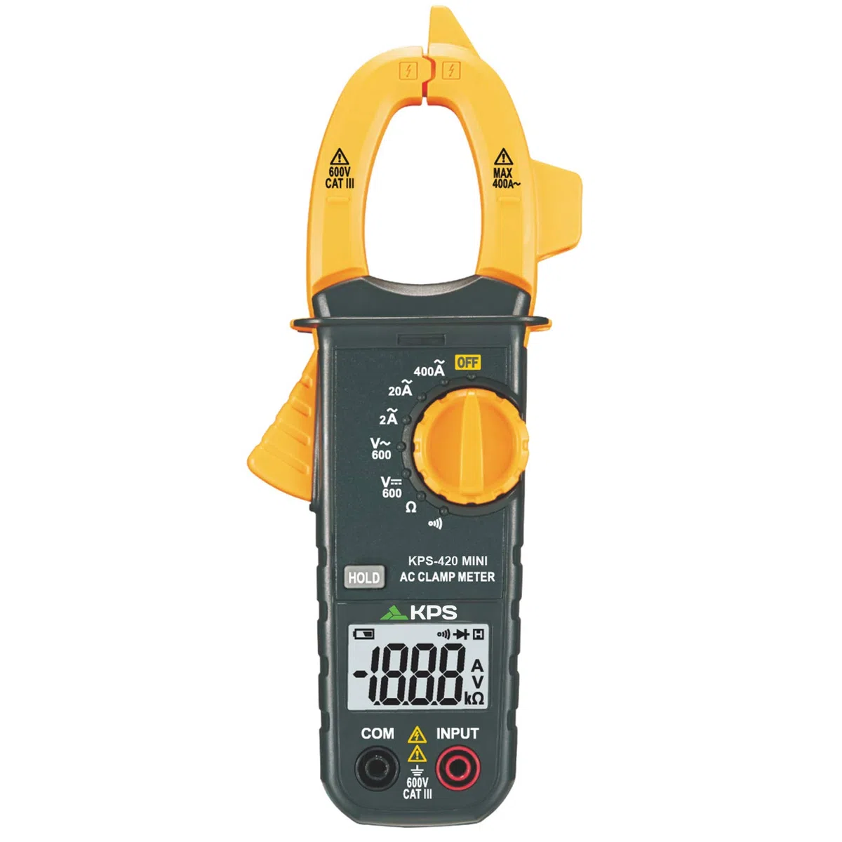 KPS-PA420 Mini Pinza Amperimétrica digital 2000 cuentas, Tensión AC/DC 600V, Corriente AC 400A, y Resistencia 2KΩ, Retención lecturas, avisador de continuidad y prueba de diodos. CAT. III 600V