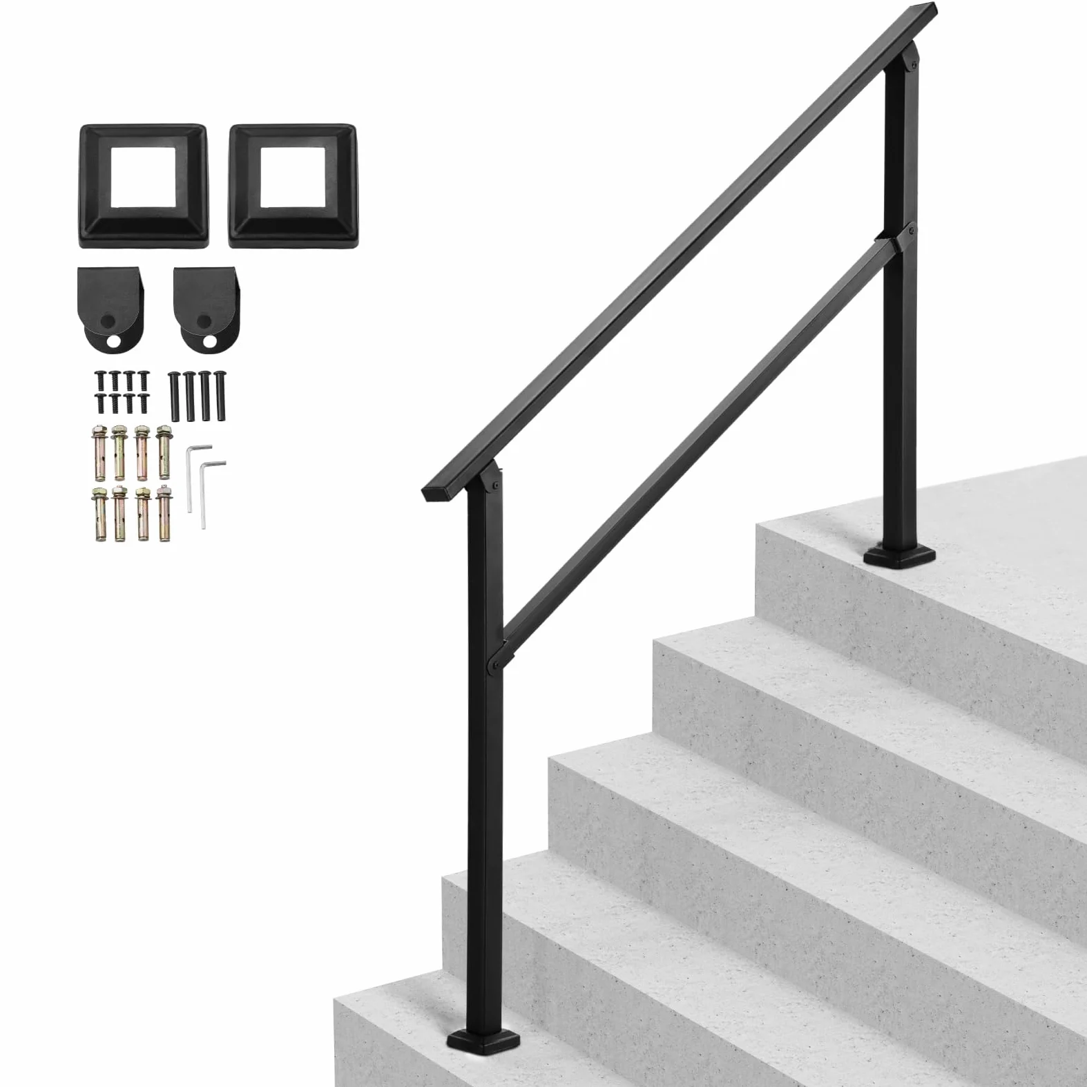VEVOR Pasamanos de Exterior para Escalera Kit de Barandilla para 4 a 5 Escalones Tubo Cuadrado con Barra Horizontal Rieles de Soporte de Acero al Carbono para Escaleras de Hormigón, Terraza, Negro