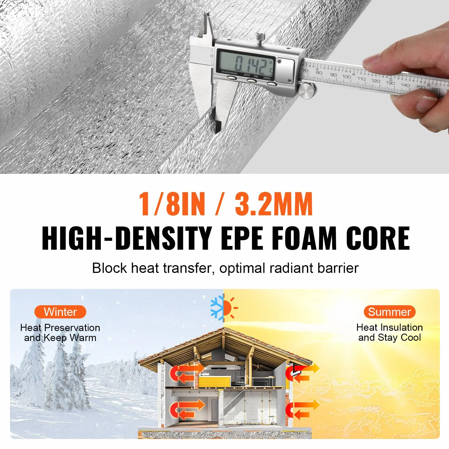 VEVOR Aislamiento Térmico Reflectante Doble Rollo de Aislamiento Barrera Radiante 15,24x1,22 m Núcleo de Espuma EPE Espesor de 3,2 mm Lámina de Aluminio Doble Cara para Ventana, Techo de RV
