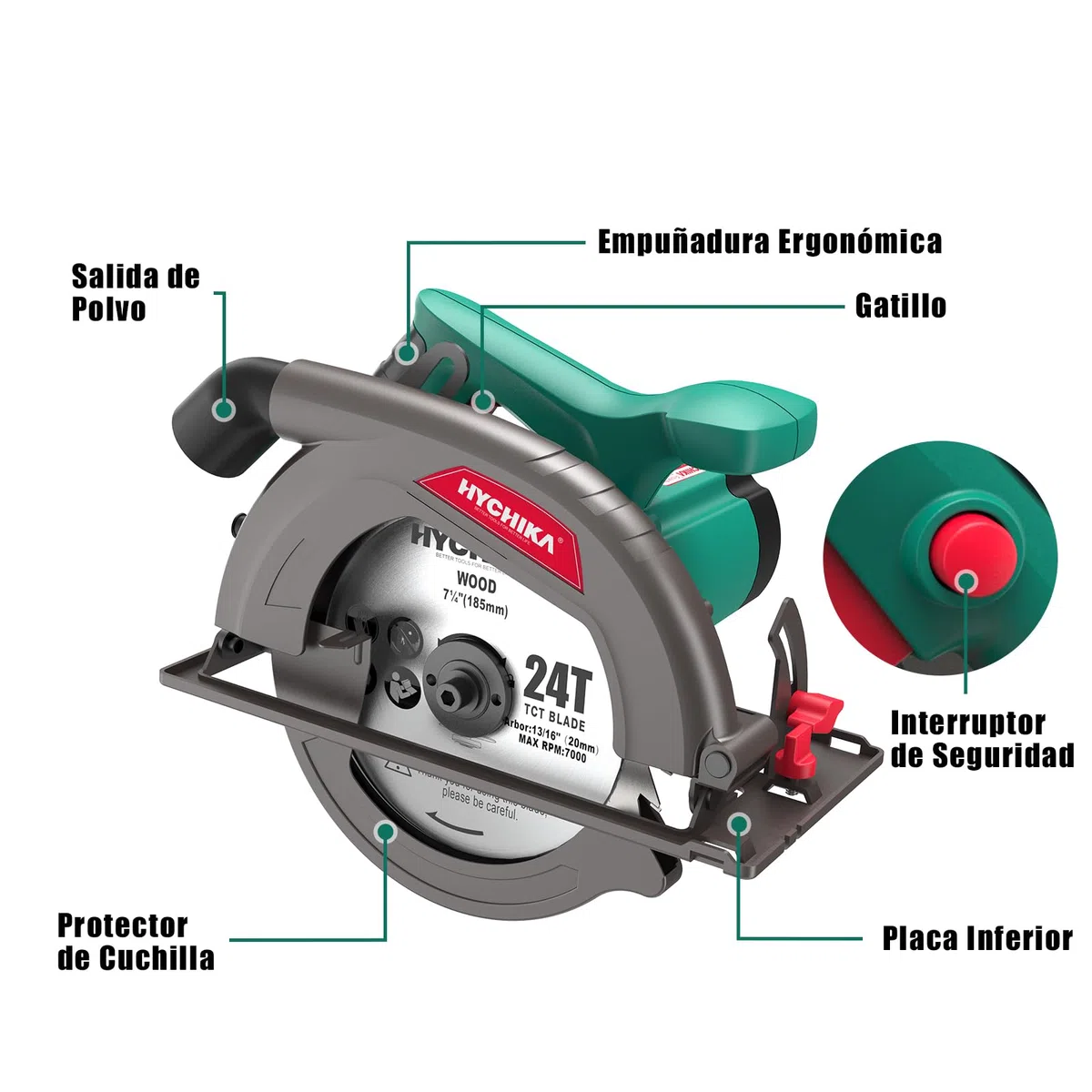 HYCHIKA Sierra Circular 1300W 4500RPM 185mm Mini Sierra Circular, Motor de alta Potencia, Profundidad de corte 65mm (90º), 45mm (45º), Extracción de Polvo, 2M Cable, para Corte de Madera/Plástico