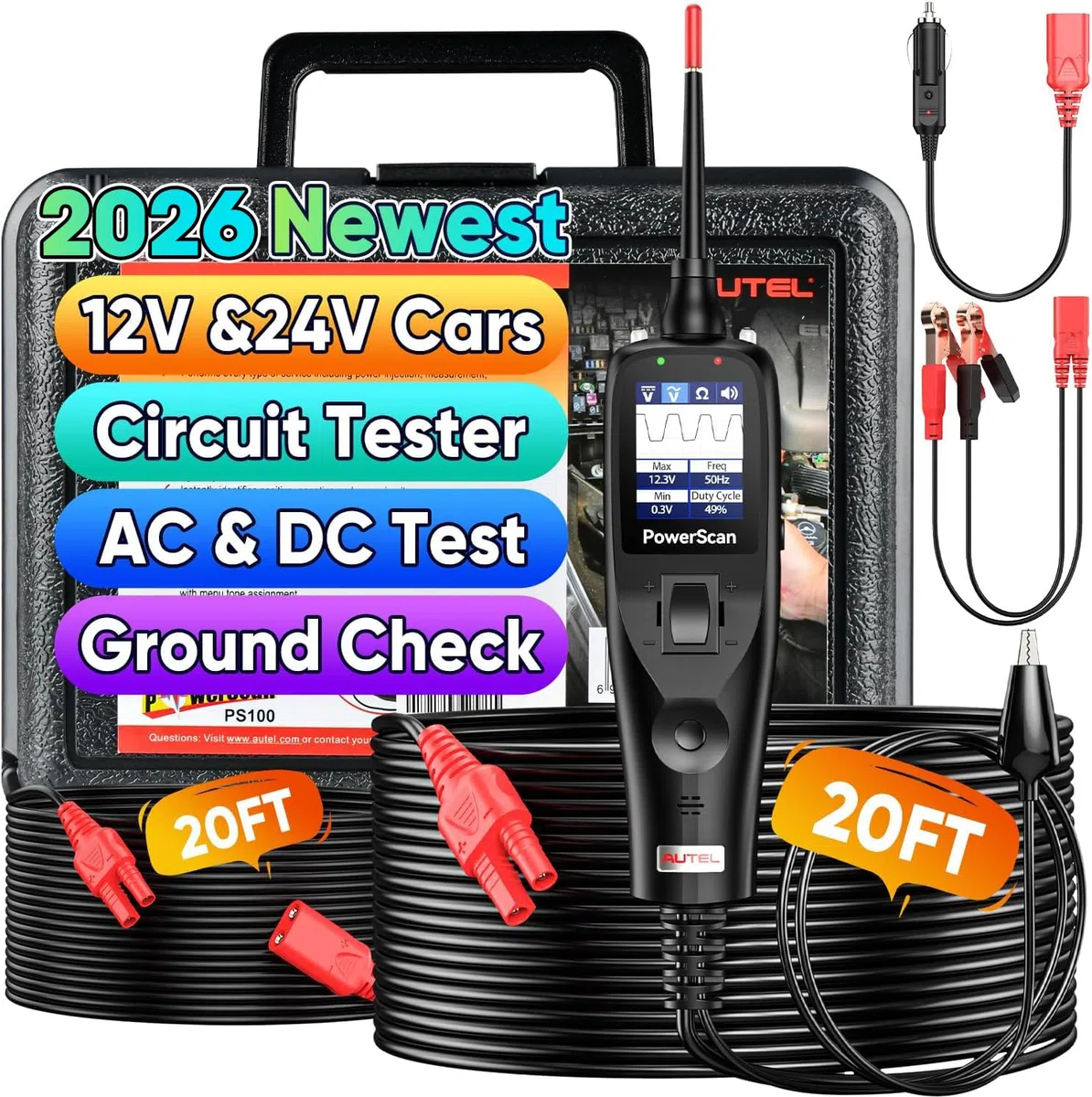 Autel® PowerScan PS100 Probador Circuitos, PowerProbe 12V-24V, Detector Cortocircuito, Interruptor Abierto, Multímetro Digital, Prueba Resistencia Relés & Diodos, Verificación Tierra, Cable 12M, Negro