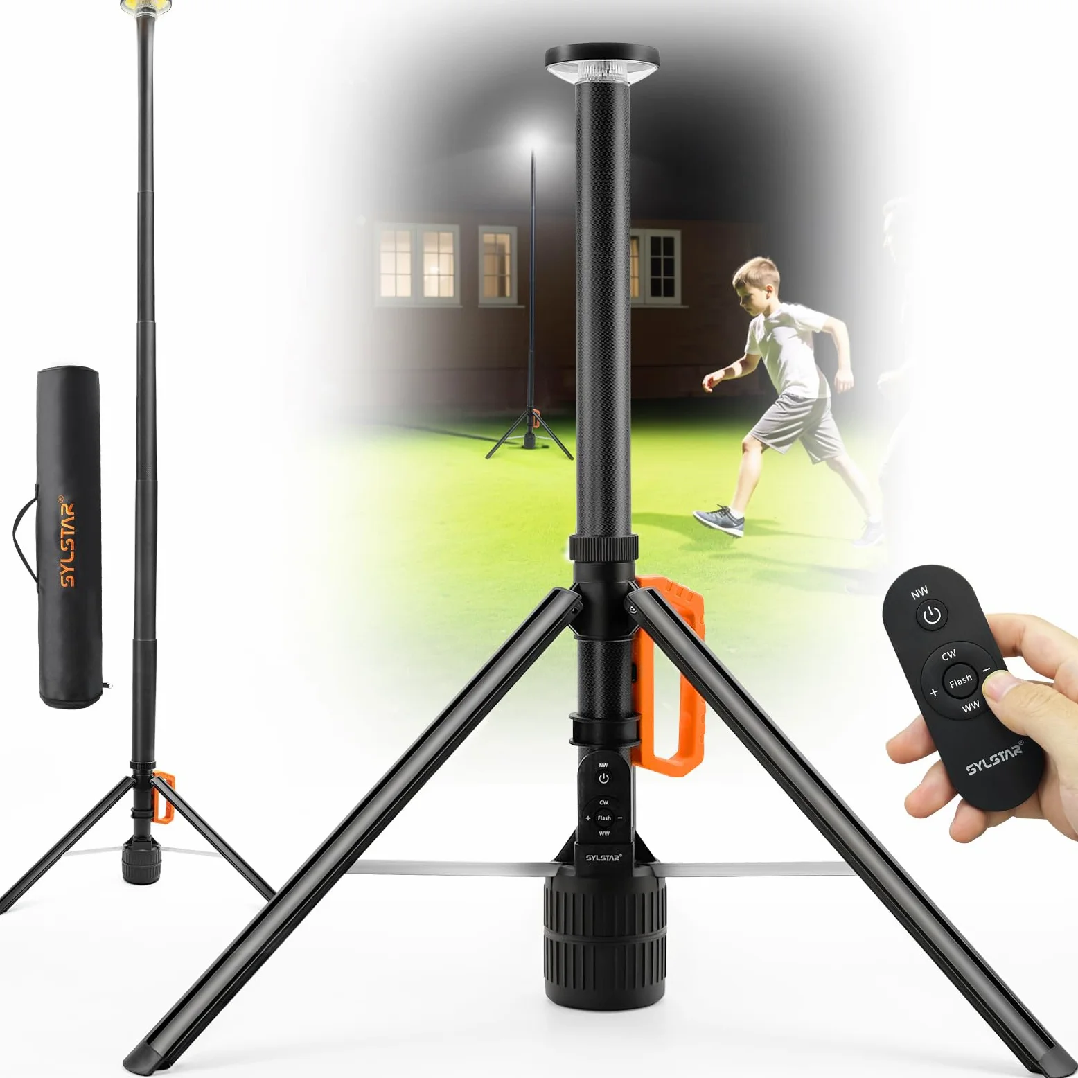 SYLSTAR Foco LED Recargable con Mando y Trípode Telescópico (2.65m), 3000LM Foco LED Bateria Ultrabrillante 3CCT Regulable, Portátil para Talleres, Camping, Deportes y Emergencias