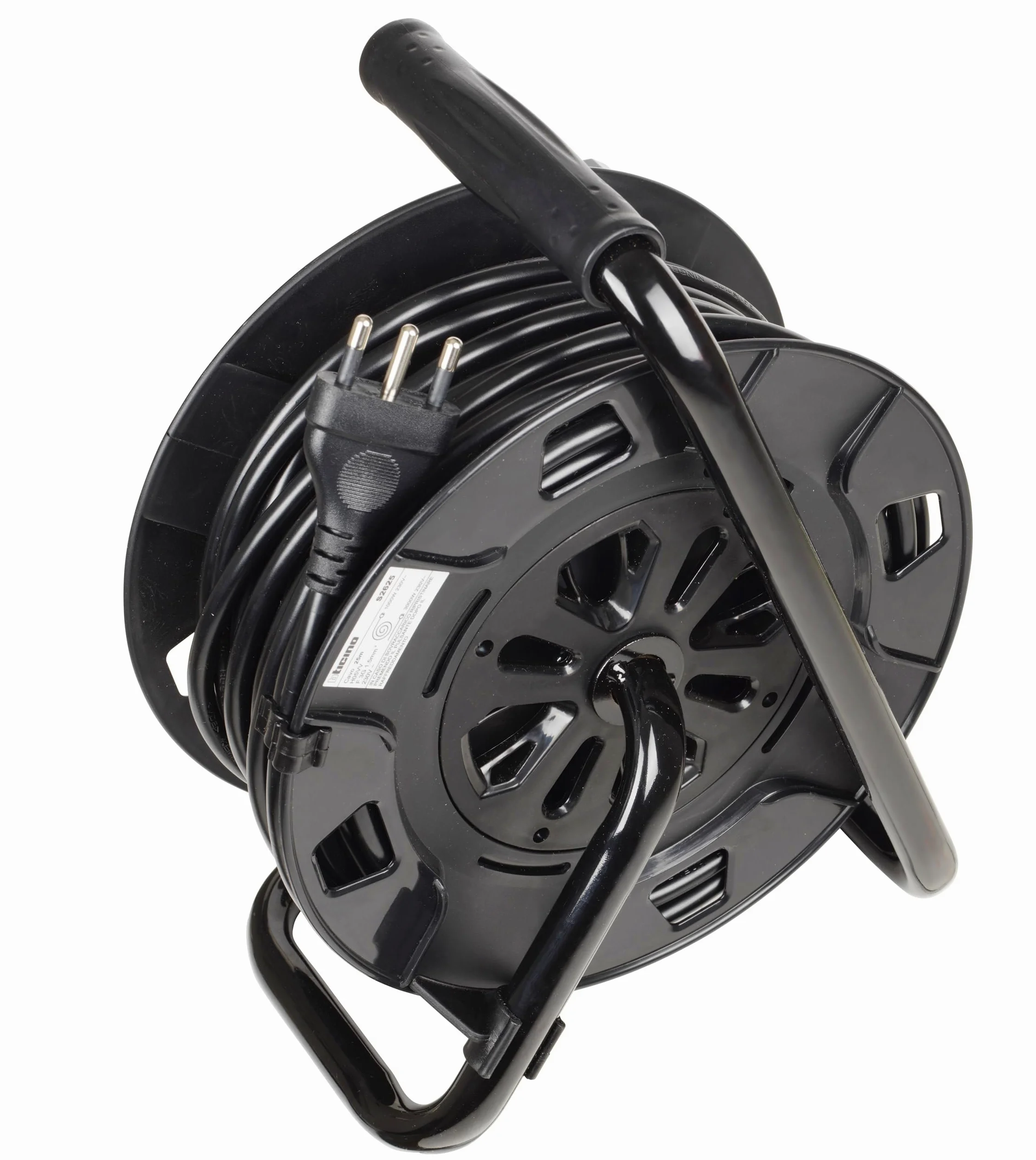 BTICINO Carrete de cable S2625 alargador eléctrico de 25 metros, 4 enchufes Schuko, bipolo, enchufe grande de 16 A, interruptor térmico, mango ergonómico, soporte de cable y carrete de cable, color
