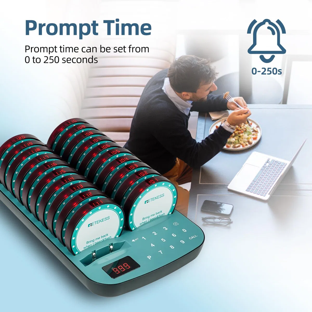 Retekess TD167A Buscapersonas Restaurante, 500M Avisadores Hosteleria, 20 Buscapersonas, Emparejamiento con Una Tecla, 7 Modos de Llamada, 300 mAh 24H, Avisador Clientes para Hotele, Bar, Café