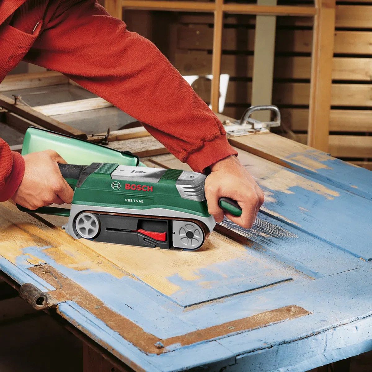 Bosch lijadora de banda PBS 75 AE Set (750 W, velocidad de banda: 200-350 m/min, superficie de lijado: 165 x 76 mm, en maletín)