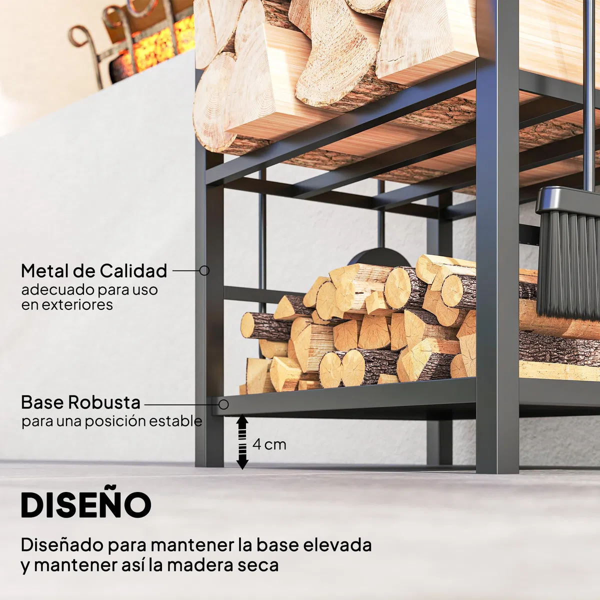 Outsunny Estante de Leña para chimenea Soporte para Leña de 2 Niveles Leñero Exterior e Interior Metálico con 4 Herramientas para Chimenea Carga Máx.100 kg 40x30x74,5 cm Negro
