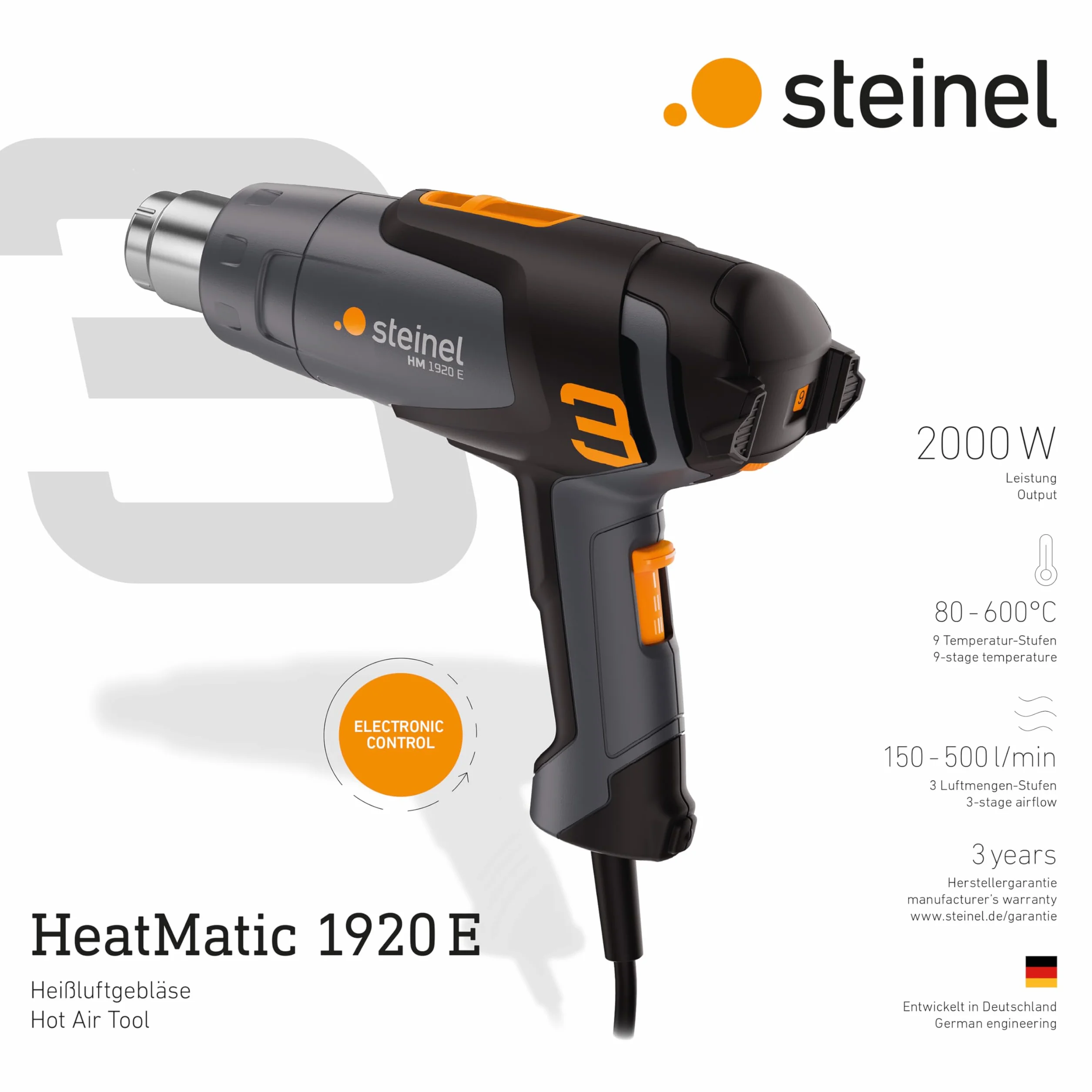Steinel Pistola de aire caliente HM 1920 E, 2000 W, 80-600°C, pistola de aire caliente con calefacción cerámica, para retracción, filmación y soldadura de plásticos