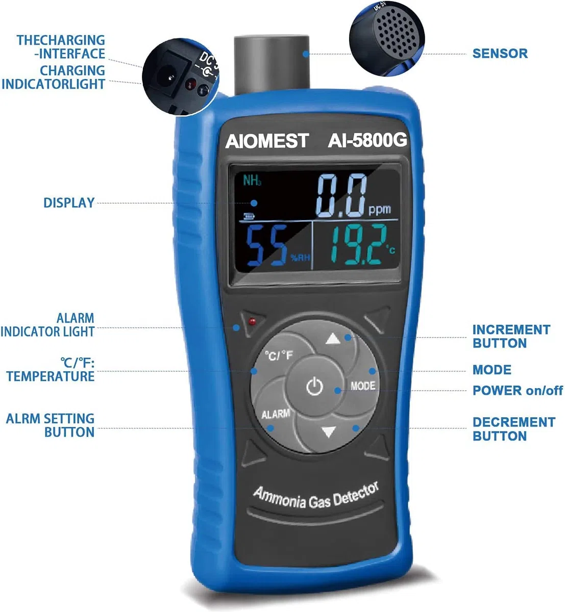 Detector de Amoníaco Profesional AIOMEST AI-5800G - Medidor NH3 Aire 0-100PPM con Alarma, Sensor Humedad/Temperatura para Decoración Hogar, Granjas Avícolas e Industria